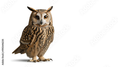 Wise owl with large eyes and patterned feathers perched on branch isolated on white background studio shot