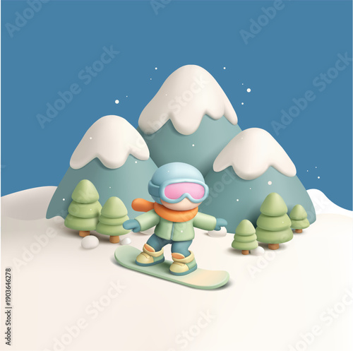 Winter resort, cute winter scene with snowboarder riding in snowy mountains, 3D. For recreation, nature, hobby, lifestyle concepts. Vector illustration.
