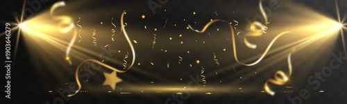 Golden stage spotlights with falling confetti, ribbons and stars on dark background. Festive lighting scene for celebrations, events, parties and luxury presentations.