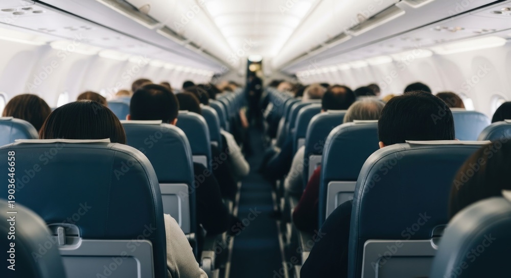 Fototapeta premium Airplane interior; blurred passengers sit in blue seats along aisle