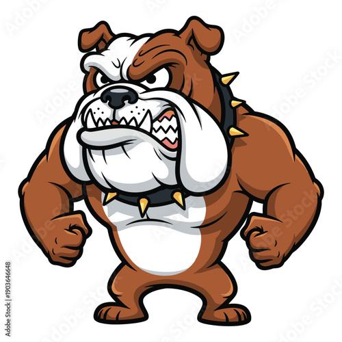 Muscular bulldog bodybuilder mascot flexing muscles wearing spiked collar showing aggressive face