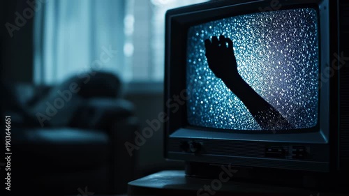 Shadowy hand reaches through static on retro television in dark room