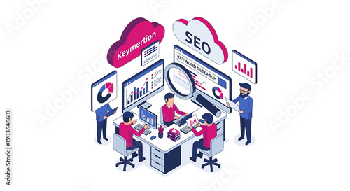 Team of people working on seo and keyword optimization at a desk with computers and data analysis screens