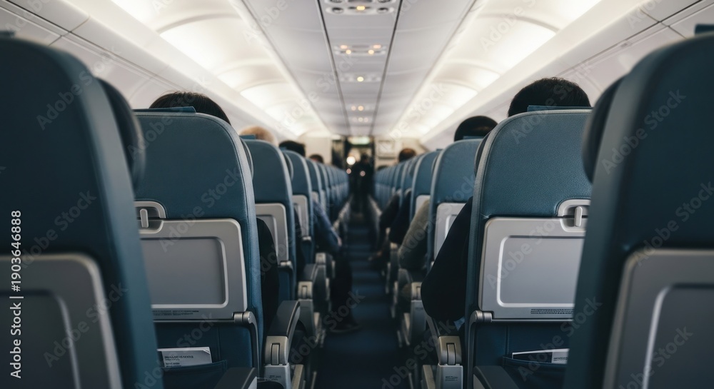 Obraz premium Airplane interior, passenger seats in rows, overhead lights, aisle, blurred view
