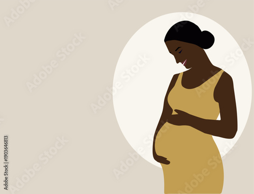 Minimalist flat vector of a pregnant African woman in a mustard dress with copy space. Modern maternity and pregnancy concept representing motherhood, female body positivity and prenatal care.