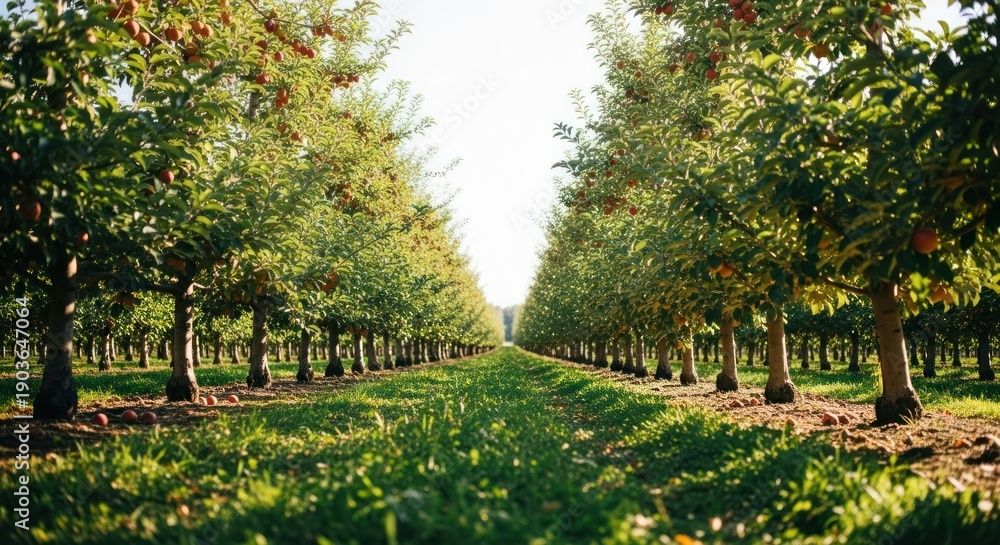 Fototapeta premium Apple orchard in full fruit. Green grass covers the ground between rows