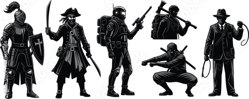 Silhouettes of women and people in military and fantasy warrior armor holding weapons in a dramatic scene