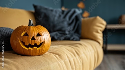 Smiling pumpkin on couch with cozy autumn decor in living room