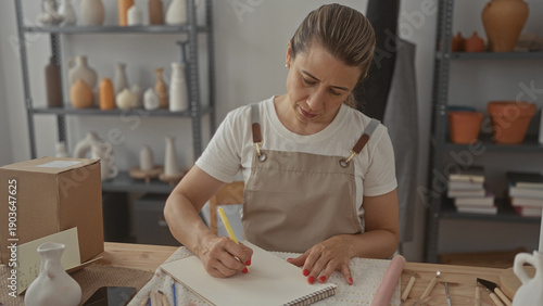 Fotografi Woman sketches on paper with pencil and hand over worktable in studio among pottery tools and ceramic vases; creative concentration