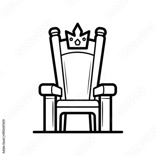 Throne chair with crown icon, royalty symbol, king or queen seat, outline vector