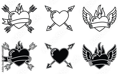 Tattoo Style Heart Design Set with Arrows, Flames and Wings – Traditional Love Themed Illustration ArtCollection of heart illustrations