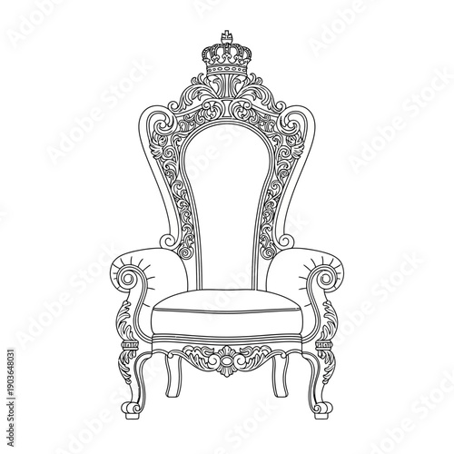 Ornate Throne Chair with Crown Outline Vector