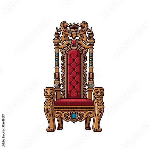 Ornate Golden Throne with Red Velvet Seat and Lion Armrests