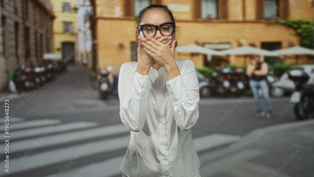 Fototapeta premium Woman covering her mouth with hands and making a shushing gesture on a city street near scooters and a cafe; surprise silence.