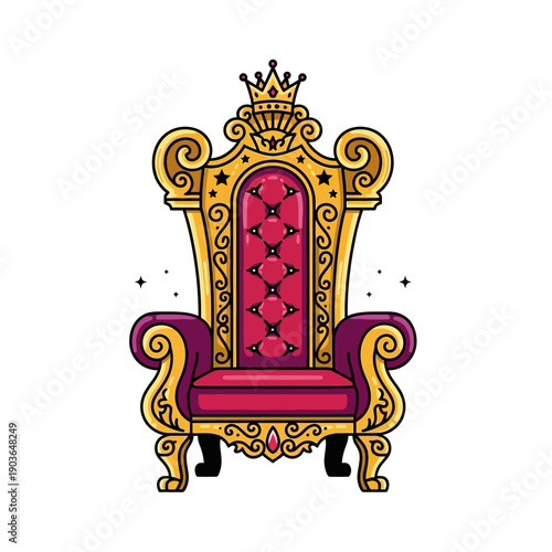 Ornate Golden Throne with Red Cushion and Crown Icon