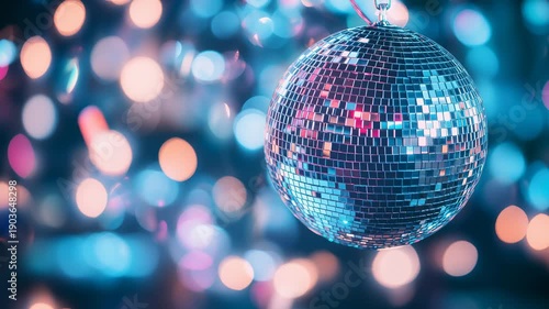 Sparkling disco ball reflecting colorful lights in motion against blurred background