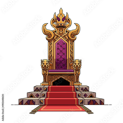 Ornate Golden Throne with Purple Cushions and Lion Armrests, Royal Staircase