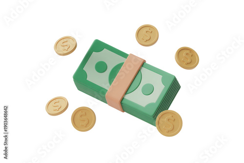 Stack of money with gold coins floating around it in mid-air