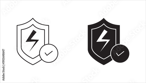 PrintModern shield icon with lightning bolt symbol and checkmark badge representing energy protection, electrical safety, verified security, and power insurance. Editable stroke vector isolated on lig