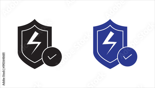 PrintModern shield icon with lightning bolt symbol and checkmark badge representing energy protection, electrical safety, verified security, and power insurance. Editable stroke vector isolated on lig