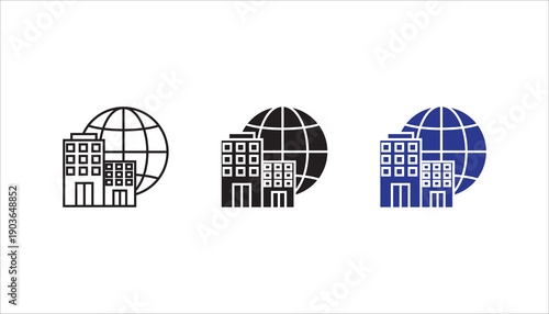 Minimal line icon of office buildings in front of a globe, representing global business, international companies, corporate network, and worldwide real estate concepts. Suitable for web, app, and UI d