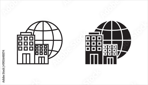 Minimal line icon of office buildings in front of a globe, representing global business, international companies, corporate network, and worldwide real estate concepts. Suitable for web, app, and UI d