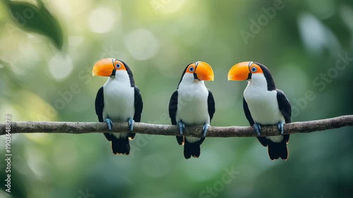 Three toucans on a branch in lush jungle displaying engaging social behavior