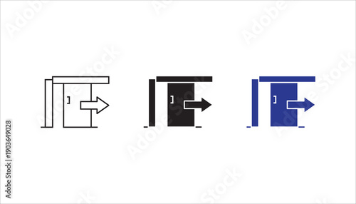 Simple line icon of a sliding door with an arrow symbol, representing exit, entrance, or direction guidance. Suitable for user interface, signage, navigation, and architectural design.