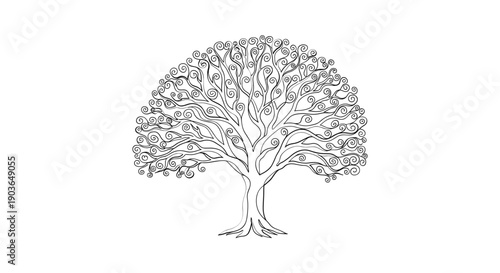 Elegant tree with curly branches and leaves in a simple background