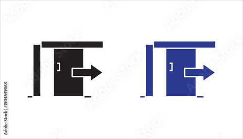 Simple line icon of a sliding door with an arrow symbol, representing exit, entrance, or direction guidance. Suitable for user interface, signage, navigation, and architectural design.