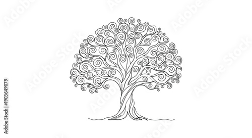 Beautiful tree with swirling branches and leaves in elegant line art