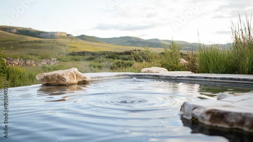 Tranquil mountain pool with ripples against scenic hillside at sunset