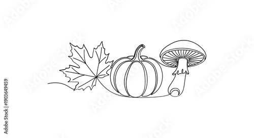 Pumpkin with leaf and mushroom illustration for autumn design