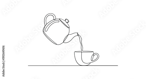 Modern tea pouring from teapot into cup in simple elegant line art