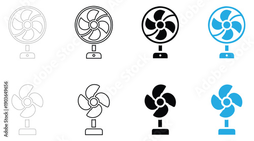 electric table fan icon vector set, table fan symbol vector, silhouette and line art illustration