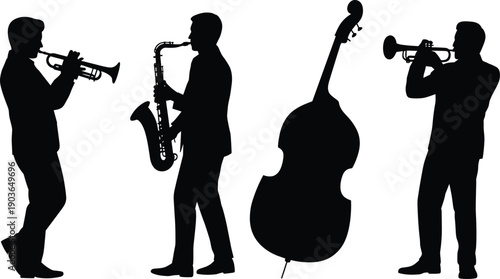 Black silhouettes of rock band musicians performing with electric guitars, drums, symbolizing live music, entertainment, creativity, teamwork, and dynamic stage presence for concert promotion themes.