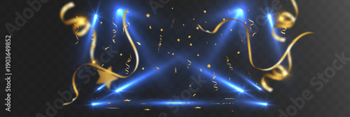 Blue stage spotlights with golden confetti, stars and ribbons creating a festive celebration scene on dark background. Party lighting effect for events, holidays and shows.