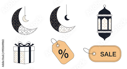 Ramadan festive elements decorative crescent moons, a gift box, sale tags, and a traditional lantern