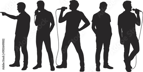 Dynamic black silhouettes of performers holding microphones in expressive poses, creativity, communication, and artistic presentation for entertainment, concerts, and public speaking themes.