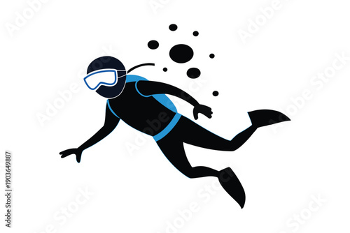 Scuba diver lost silhouette on white background