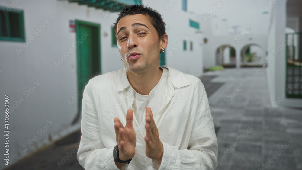 Naklejka premium Young hispanic man outdoors with clasped hands in a white shirt against a background of white buildings and green doors exuding a relaxed and joyful atmosphere.