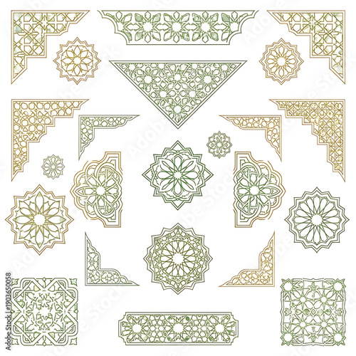 Collection of ornate geometric Islamic patterns and decorative elements for design applications