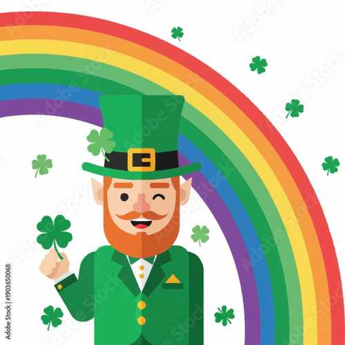 A cheerful cartoon leprechaun winking and holding a four-leaf clover with a vibrant rainbow and shamrocks in the background, celebrating St. Patrick's Day.