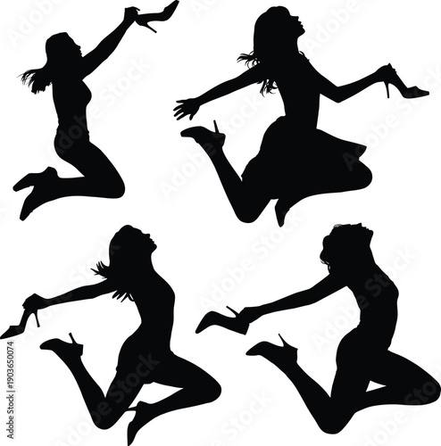Four black silhouettes of women jumping with high heels