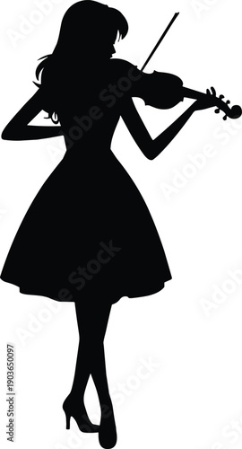 Elegant silhouette of female violinist performing classical music, artistic shadow illustration, graceful stage presence, timeless stock design for musical performance and cultural themes