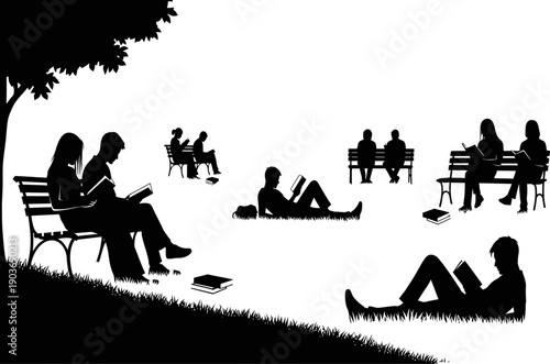 Silhouette of People relaxing in a park on a sunny day