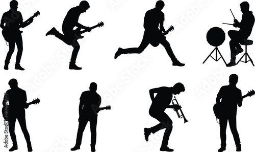 Energetic black silhouettes of diverse musicians performing with electric guitars, symbolizing live music, creativity, teamwork, and dynamic stage presence for concert and artistic themes.
