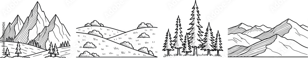 Obraz premium Hand-drawn black line landscape with rocky mountains, rolling hills, pine forest and minimal wilderness scenery isolated on white background
