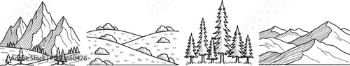 Hand-drawn black line landscape with rocky mountains, rolling hills, pine forest and minimal wilderness scenery isolated on white background