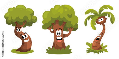 Cute cartoon tree characters with happy faces smiling vector design set